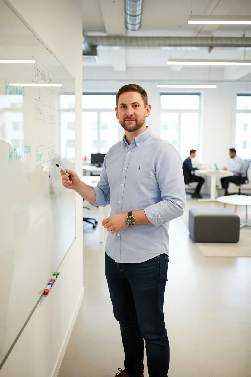 Pavel Deuble erläutert einen Businessplan am Whiteboard – AVGS-Coaching in Köln